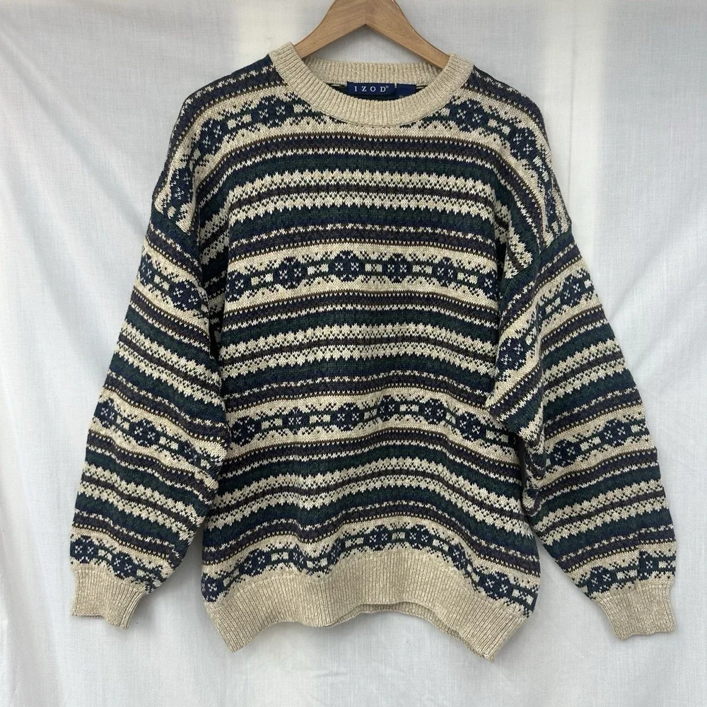 Vintage IZOD Sweater XL Beige Fair Isle Cotton Crewneck Knit Pullover Stripes